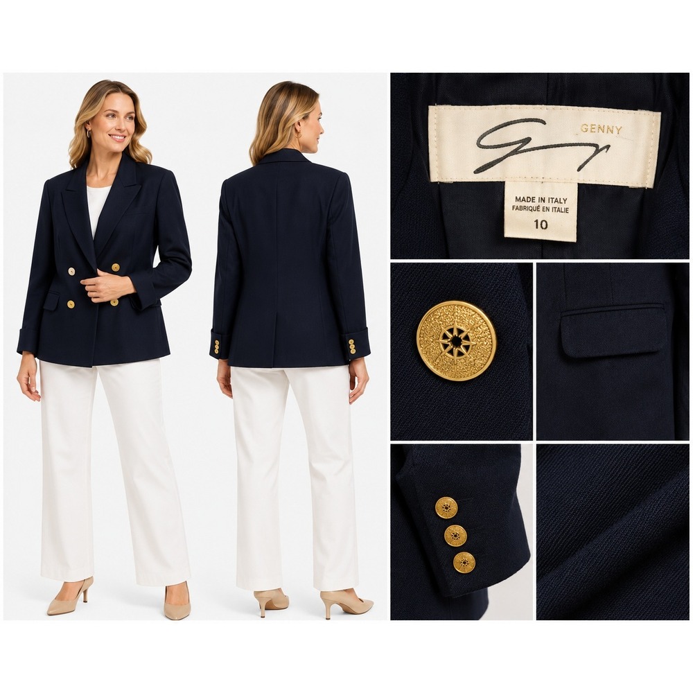 Genny Blazer Women Black Double Breasted‎ Gold Button Wool Peak Lapel Italy